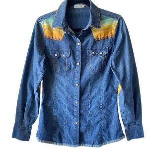Tasha Polizzi Western Denim Snap Shirt Womens Small Rainbow Yoke Cowgirl Boho